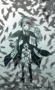 Rating: Safe Score: 0 Tags: 1girl bird black_dress black_feathers dress feathers flower full_body hair_ornament image long_sleeves red_eyes solo spot_color standing suigintou wings User: admin