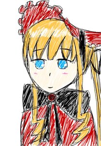 Rating: Safe Score: 0 Tags: 1girl blonde_hair blue_eyes bow closed_mouth dress image long_hair ribbon shinku simple_background solo twintails white_background User: admin
