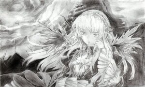 Rating: Safe Score: 0 Tags: 1girl dress feathered_wings feathers floating_hair frills greyscale image long_hair long_sleeves looking_at_viewer monochrome solo suigintou upper_body wings User: admin