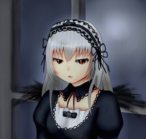 Rating: Safe Score: 3 Tags: 1girl bangs black_dress black_ribbon black_wings detached_collar dress eyebrows_visible_through_hair flower frills hairband image juliet_sleeves long_hair long_sleeves looking_at_viewer open_mouth puffy_sleeves red_eyes ribbon rose silver_hair solo suigintou upper_body wings User: admin