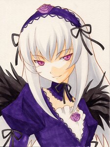 Rating: Safe Score: 0 Tags: 1girl black_wings dress flower frills hairband image long_hair long_sleeves looking_at_viewer puffy_sleeves purple_rose rose silver_hair smile solo suigintou traditional_media upper_body wings User: admin