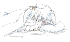 Rating: Safe Score: 0 Tags: 1girl barasuishou bed hair_ornament hair_ribbon image long_hair lying monochrome on_stomach pillow ribbon sketch solo traditional_media User: admin