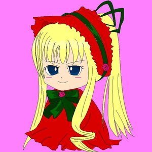 Rating: Safe Score: 0 Tags: 1girl blonde_hair blue_eyes blush_stickers bow bowtie dress flower green_bow image long_hair long_sleeves looking_at_viewer pink_background rose shinku sidelocks simple_background smile solo upper_body User: admin