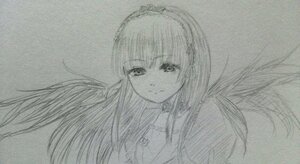 Rating: Safe Score: 0 Tags: 1girl bangs blue_theme closed_mouth eyebrows_visible_through_hair floating_hair hairband image long_hair looking_at_viewer maid_headdress monochrome sketch solo suigintou traditional_media upper_body User: admin