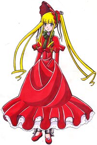 Rating: Safe Score: 0 Tags: 1girl blonde_hair blue_eyes bonnet bow dress full_body gloves image long_hair looking_at_viewer red_dress red_footwear shinku shoes sidelocks simple_background solo standing twintails User: admin