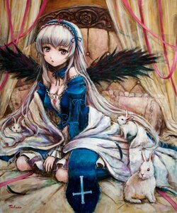 Rating: Safe Score: 0 Tags: 1girl animal bed black_wings blanket blush bow breasts brown_flower brown_rose bunny cleavage colored_pencil_(medium) commentary_request curtains dress feathers flower frilled_pillow frills hairband image long_hair long_sleeves medium_breasts pillow pink_eyes red_flower red_rose revision ribbon rose rozen_maiden silver_hair sitting solo suigintou tafuto traditional_media very_long_hair wariza white_hair wings User: admin