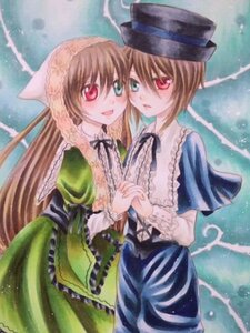 Rating: Safe Score: 0 Tags: 2girls brown_hair dress frills green_dress hat head_scarf heterochromia holding_hands image long_hair long_sleeves looking_at_viewer multiple_girls open_mouth pair red_eyes short_hair siblings sisters smile souseiseki suiseiseki traditional_media twins very_long_hair User: admin