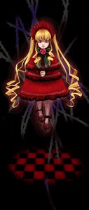Rating: Safe Score: 0 Tags: 1girl auto_tagged blonde_hair blue_eyes bow bowtie checkered checkered_background checkered_floor dress flower full_body image long_hair looking_at_viewer red_dress rose shinku shoes solo standing twintails User: admin