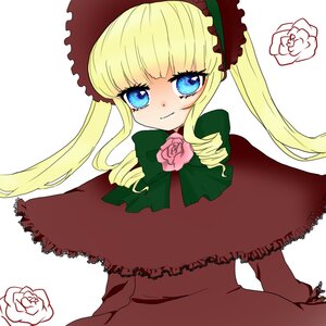 Rating: Safe Score: 0 Tags: 1girl blonde_hair blue_eyes bonnet bow bowtie capelet dress drill_hair flower green_bow long_hair long_sleeves looking_at_viewer pink_flower pink_rose red_rose rose shinku sidelocks simple_background smile solo twintails white_background User: admin