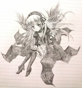 Rating: Safe Score: 0 Tags: 1girl blush boots dress frills full_body greyscale hairband high_heel_boots image long_hair long_sleeves looking_at_viewer monochrome rose solo suigintou traditional_media wings User: admin
