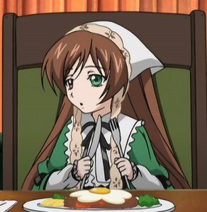 Rating: Safe Score: 0 Tags: 1girl brown_hair curry dress eating food fork frills green_eyes head_scarf heterochromia holding image indoors long_hair long_sleeves plate red_eyes rice solo suiseiseki table User: admin