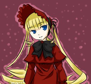 Rating: Safe Score: 0 Tags: 1girl blonde_hair blue_eyes bonnet bow bowtie dress green_bow image long_hair long_sleeves looking_at_viewer polka_dot_background red_dress shinku solo twintails very_long_hair User: admin