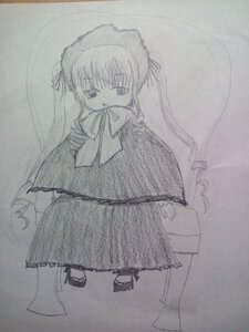 Rating: Safe Score: 0 Tags: 1girl bonnet bowtie dress full_body image long_hair long_sleeves looking_at_viewer monochrome photo shinku solo standing traditional_media very_long_hair User: admin