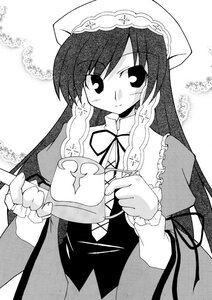 Rating: Safe Score: 0 Tags: 1girl blush dress greyscale hat image long_hair long_sleeves looking_at_viewer monochrome ribbon smile solo suiseiseki very_long_hair User: admin