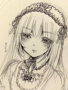 Rating: Safe Score: 0 Tags: 1girl blush closed_mouth detached_collar eyebrows_visible_through_hair frills hairband image lolita_hairband long_hair looking_at_viewer monochrome ribbon simple_background solo suigintou traditional_media upper_body User: admin