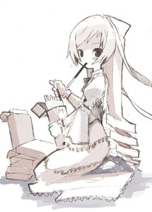 Rating: Safe Score: 0 Tags: 1girl book bow dress food hair_bow image long_hair long_sleeves looking_at_viewer monochrome pocky simple_background sitting solo suiseiseki very_long_hair User: admin