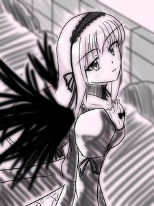 Rating: Safe Score: 0 Tags: 1girl black_wings blurry blurry_background blurry_foreground depth_of_field dress feathered_wings frills hairband image lolita_hairband long_hair looking_at_viewer monochrome motion_blur solo suigintou wings User: admin