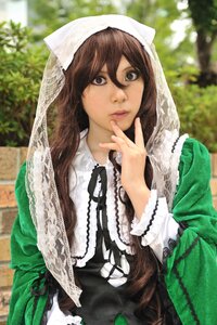 Rating: Safe Score: 0 Tags: 1girl blurry brown_eyes brown_hair depth_of_field dress green_dress head_scarf lips long_hair looking_at_viewer outdoors solo suiseiseki User: admin