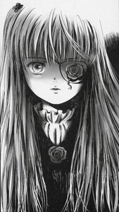 Rating: Safe Score: 0 Tags: 1girl bangs barasuishou dress flower frills greyscale image long_hair looking_at_viewer monochrome rose solo User: admin