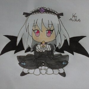 Rating: Safe Score: 0 Tags: 1girl black_dress black_wings chibi cross dress flower frills full_body grey_background hairband holding image long_hair long_sleeves red_eyes rose signature simple_background solo suigintou traditional_media wings User: admin