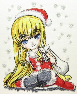 Rating: Safe Score: 0 Tags: 1girl blonde_hair blue_eyes blush christmas hat image long_hair long_sleeves looking_at_viewer santa_costume santa_hat shinku sitting smile solo traditional_media very_long_hair User: admin