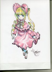 Rating: Safe Score: 0 Tags: 1girl artist_name blonde_hair blue_eyes bonnet bow bowtie dress full_body image long_hair long_sleeves looking_at_viewer shinku shoes signature solo standing traditional_media User: admin