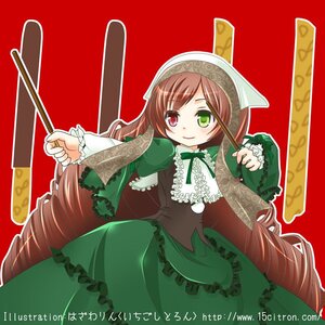 Rating: Safe Score: 0 Tags: 1girl brown_hair dress drill_hair frills green_dress green_eyes heterochromia image long_hair long_sleeves looking_at_viewer red_eyes smile solo suiseiseki very_long_hair User: admin