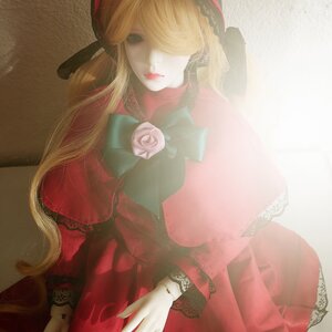 Rating: Safe Score: 0 Tags: 1girl blonde_hair blue_eyes doll dress flower lips long_hair pink_rose realistic red_dress rose shinku sitting solo User: admin