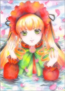 Rating: Safe Score: 0 Tags: 1girl bangs blonde_hair bonnet dress flower green_eyes image long_hair long_sleeves looking_at_viewer marker_(medium) petals photo pink_flower pink_rose rose rose_petals shinku smile solo traditional_media water User: admin