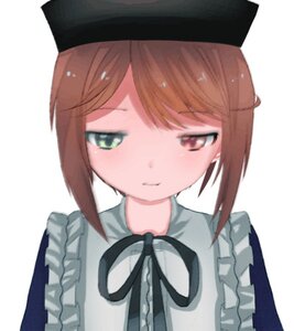 Rating: Safe Score: 0 Tags: 1girl apron bangs black_headwear blush brown_eyes brown_hair closed_mouth dress eyebrows_visible_through_hair frills green_eyes hat image looking_at_viewer ribbon simple_background solo souseiseki upper_body white_background User: admin