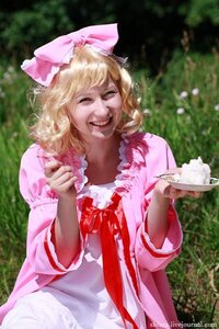 Rating: Safe Score: 0 Tags: 1girl artist_name blonde_hair blurry bow cake closed_eyes day depth_of_field dress food frills grass grin hair_bow hinaichigo holding_plate outdoors pink_bow pink_dress plate realistic saucer short_sleeves smile solo teacup teeth watermark User: admin