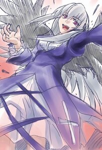 Rating: Safe Score: 0 Tags: 1girl :d dress feathers image long_hair long_sleeves looking_at_viewer open_mouth pink_eyes silver_hair simple_background smile solo suigintou very_long_hair wings User: admin