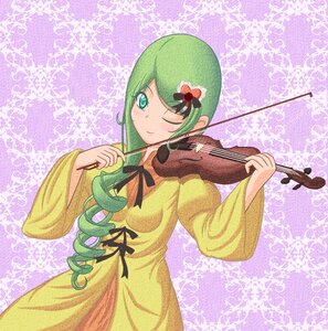 Rating: Safe Score: 0 Tags: 1girl bow_(instrument) dress drill_hair eighth_note flower green_hair hair_flower hair_ornament image instrument kanaria long_hair music musical_note one_eye_closed playing_instrument purple_background ribbon solo violin yellow_dress User: admin