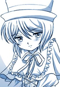 Rating: Safe Score: 0 Tags: 1girl blue_theme blush closed_mouth eyebrows_visible_through_hair frills hat image long_sleeves looking_at_viewer monochrome short_hair smile solo souseiseki upper_body User: admin