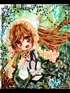 Rating: Safe Score: 0 Tags: 1girl :d black_ribbon brown_hair dress frills green_dress head_scarf heterochromia image letterboxed long_hair long_sleeves looking_at_viewer open_mouth plant red_eyes ribbon smile solo suiseiseki very_long_hair User: admin