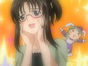 Rating: Safe Score: 0 Tags: 1girl :d blush brown_hair glasses image kanaria long_sleeves open_mouth orange_background smile solo User: admin