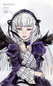 Rating: Safe Score: 0 Tags: 1girl black_wings dress frills hairband image juliet_sleeves long_hair long_sleeves looking_at_viewer pink_eyes puffy_sleeves silver_hair simple_background smile solo suigintou traditional_media white_background wings User: admin