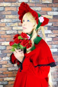 Rating: Safe Score: 0 Tags: 1girl blonde_hair blue_eyes bonnet brick_wall building dress flower long_hair long_sleeves outdoors photo railing red_capelet red_dress rose shinku solo stairs wall User: admin