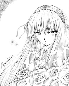 Rating: Safe Score: 0 Tags: 1girl flower frills greyscale hairband image long_hair looking_at_viewer monochrome ribbon rose solo suigintou traditional_media upper_body white_rose User: admin