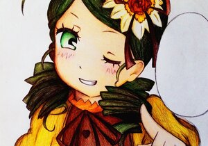 Rating: Safe Score: 0 Tags: 1girl black_hair blush flower green_eyes grin hair_flower hair_ornament hat image kanaria looking_at_viewer one_eye_closed ribbon simple_background smile solo traditional_media User: admin