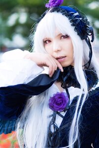 Rating: Safe Score: 0 Tags: 1girl bangs blurry blurry_background blurry_foreground depth_of_field flower lips long_hair looking_at_viewer purple_flower purple_rose red_eyes rose solo suigintou white_hair User: admin