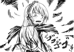 Rating: Safe Score: 0 Tags: 1girl blush dress frills greyscale hairband image long_hair long_sleeves monochrome open_mouth simple_background solo suigintou tears upper_body white_background wings User: admin