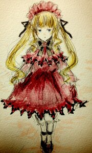 Rating: Safe Score: 0 Tags: 1girl blonde_hair blue_eyes bonnet bow dress full_body image long_hair long_sleeves looking_at_viewer red_dress shinku solo standing traditional_media twintails User: admin