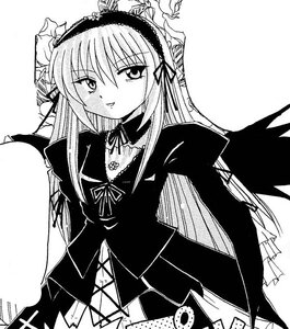 Rating: Safe Score: 0 Tags: 1girl blush dress frills greyscale hairband image long_hair long_sleeves looking_at_viewer monochrome simple_background smile solo suigintou wings User: admin