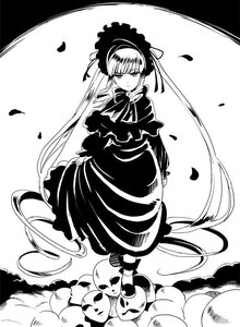 Rating: Safe Score: 0 Tags: 1girl dress greyscale image lolita_fashion long_hair monochrome petals shinku sitting solo striped twintails very_long_hair User: admin