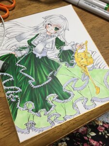 Rating: Safe Score: 0 Tags: 1girl dress flower frills green_dress green_eyes image long_hair long_sleeves looking_at_viewer marker_(medium) photo rose solo suiseiseki traditional_media very_long_hair watercolor_(medium) white_hair User: admin