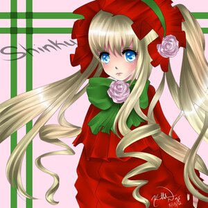 Rating: Safe Score: 0 Tags: 1girl blonde_hair blue_eyes blush bonnet bow bowtie capelet flower image long_hair long_sleeves pink_background pink_flower pink_rose red_capelet red_rose rose shinku solo twintails very_long_hair User: admin