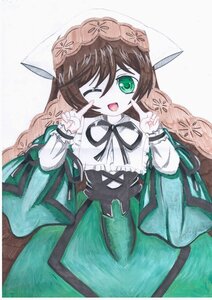 Rating: Safe Score: 0 Tags: 1girl ;d brown_hair dress green_eyes hat image index_finger_raised long_hair long_sleeves looking_at_viewer one_eye_closed open_mouth pointy_ears smile solo suiseiseki traditional_media User: admin