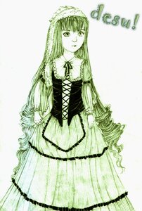 Rating: Safe Score: 0 Tags: 1girl bangs bow dress frills green_theme image lolita_fashion long_hair long_sleeves looking_at_viewer monochrome solo striped suiseiseki User: admin
