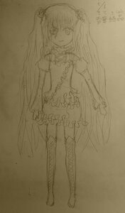 Rating: Safe Score: 0 Tags: 1girl boots dress full_body hatsune_miku image kirakishou long_hair looking_at_viewer monochrome sketch smile solo standing thighhighs traditional_media twintails very_long_hair User: admin